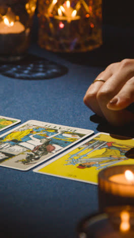 Vertical-Video-Close-Up-Of-Woman-Giving-Tarot-Card-Reading-On-Candlelit-Table-Pointing-Out-Death-Card